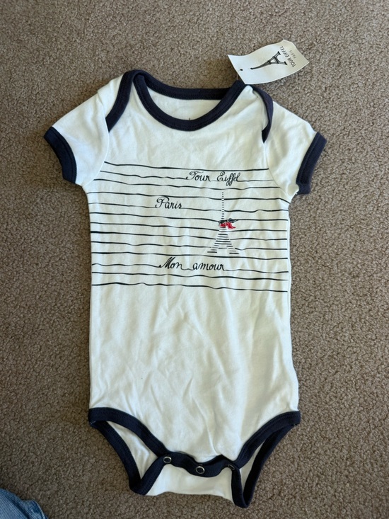 La Tour Eiffel Other - White & Navy Paris Stripe Baby Bodysuit with Red Accent